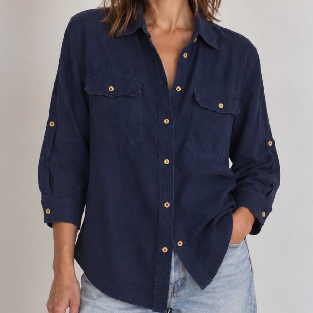 Vintage Lauren Ralph Lauren 100% Linen Navy Button-Up Shirt Preppy Coastal Large